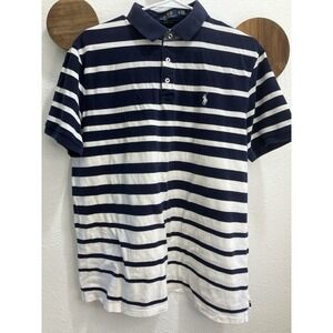 Ralph Lauren Polo Shirt Mens XL White W/Blue Ombre Gradient Stripes Flaw- Stains